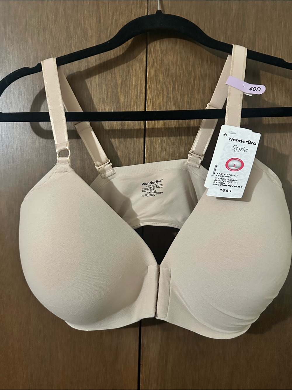 WonderBra Easyfit Wirefree Front Close Bra Nude Almond Size 40D NWT Lightweight - Picture 5 of 12